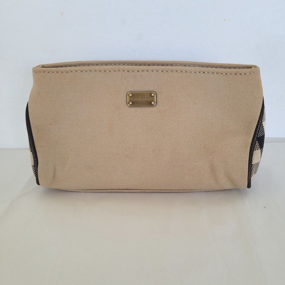 Burberry Vintage Canvas Cosmetic Toiletry Bag Beige Small Pouch Zip Retro Logo
